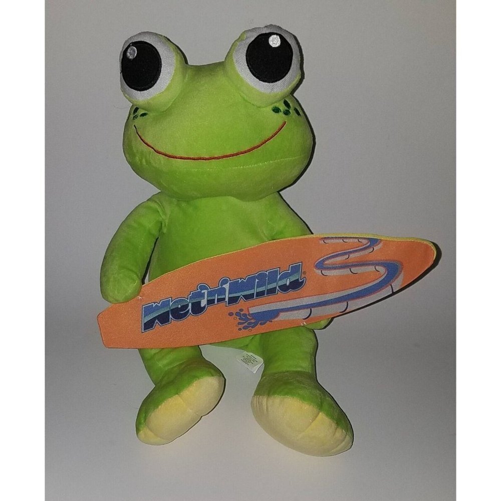 Green Frog Plush Holding Orange Wet N Wild Surfboard Nanco 14" Stuffed Animal